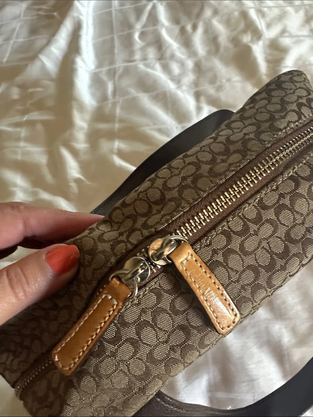 Coach Brown Signature Cosmetic/Travel Bag with Leather Trim